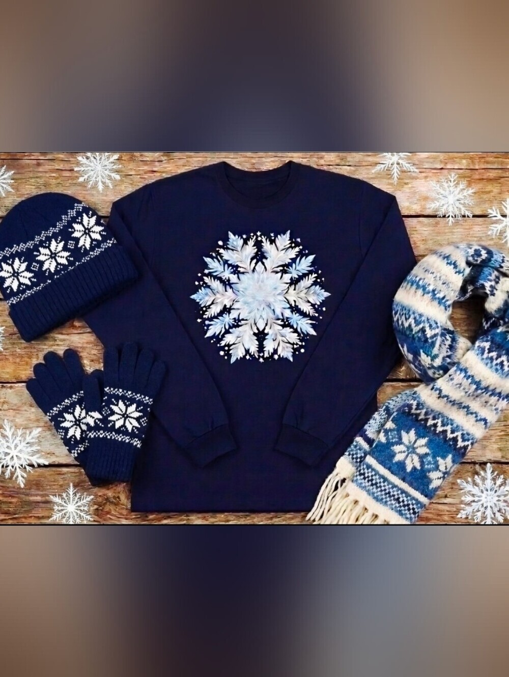 Snowflake Winter Long Sleeve Tee Navy Blue Holiday Graphic Shirt